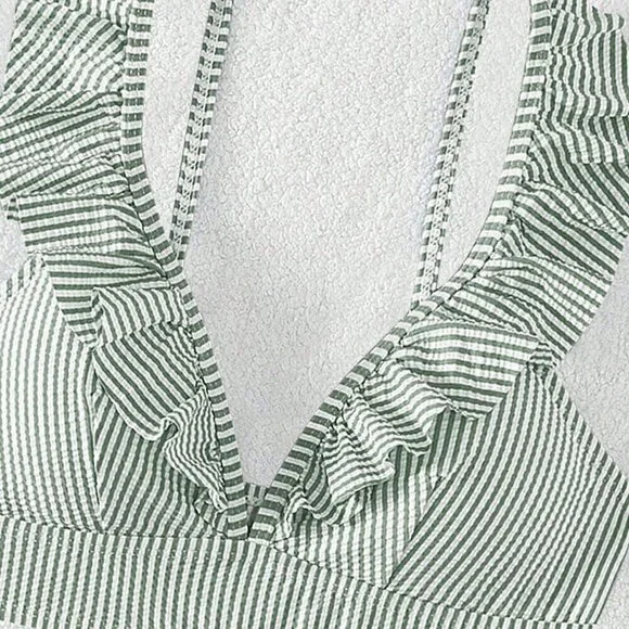 Green Women's Swim Summer Beach Striped Ruffle Trim Bikini Swimsuit